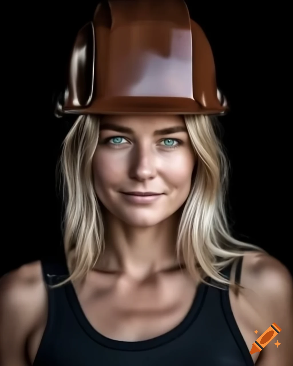 Portrait of smiling woman wearing welding helmet, realistic style