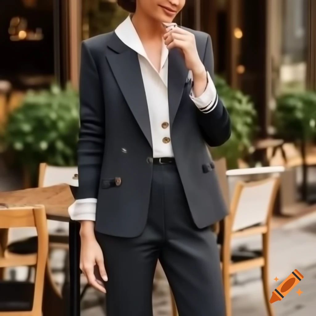 Woman in elegant dark grey formal suit with stylish white shirt and lace collar