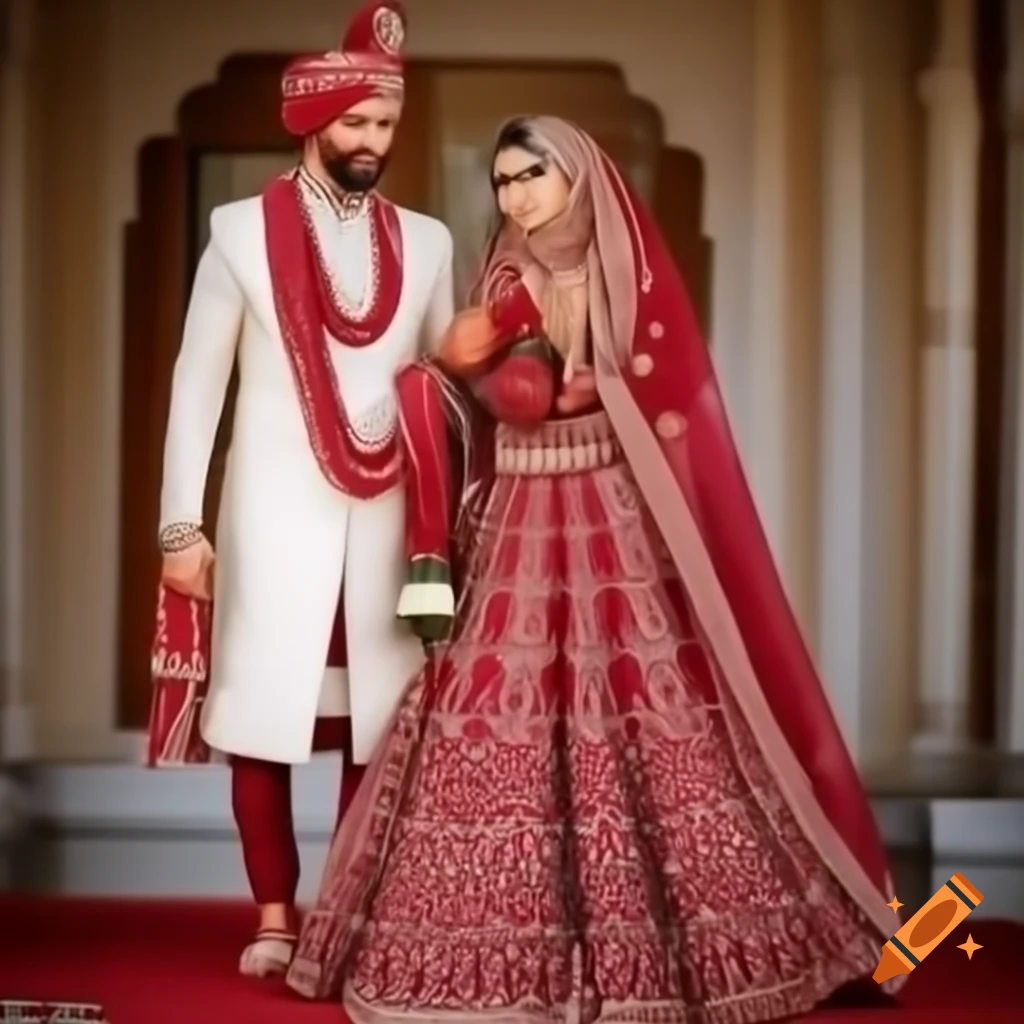 Cartoon bride in maroon lehenga and groom in white maroon sherwani with wedding invitation message