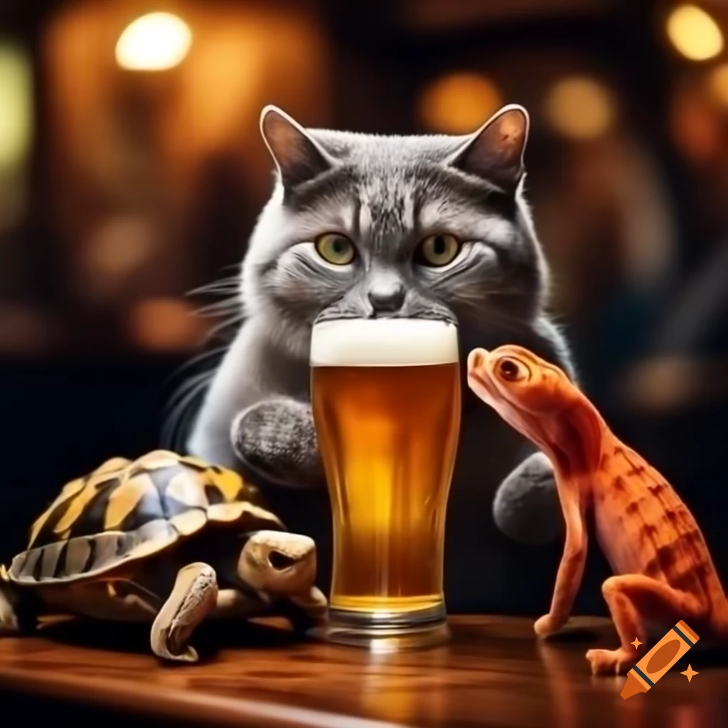 Grey cat, tortoise, and orange gecko having drinks in a cozy pub