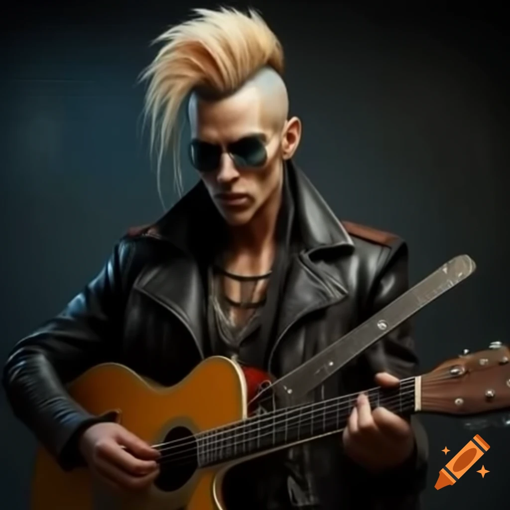 Punk rocker with mohawk and leather jacket playing guitar on Craiyon