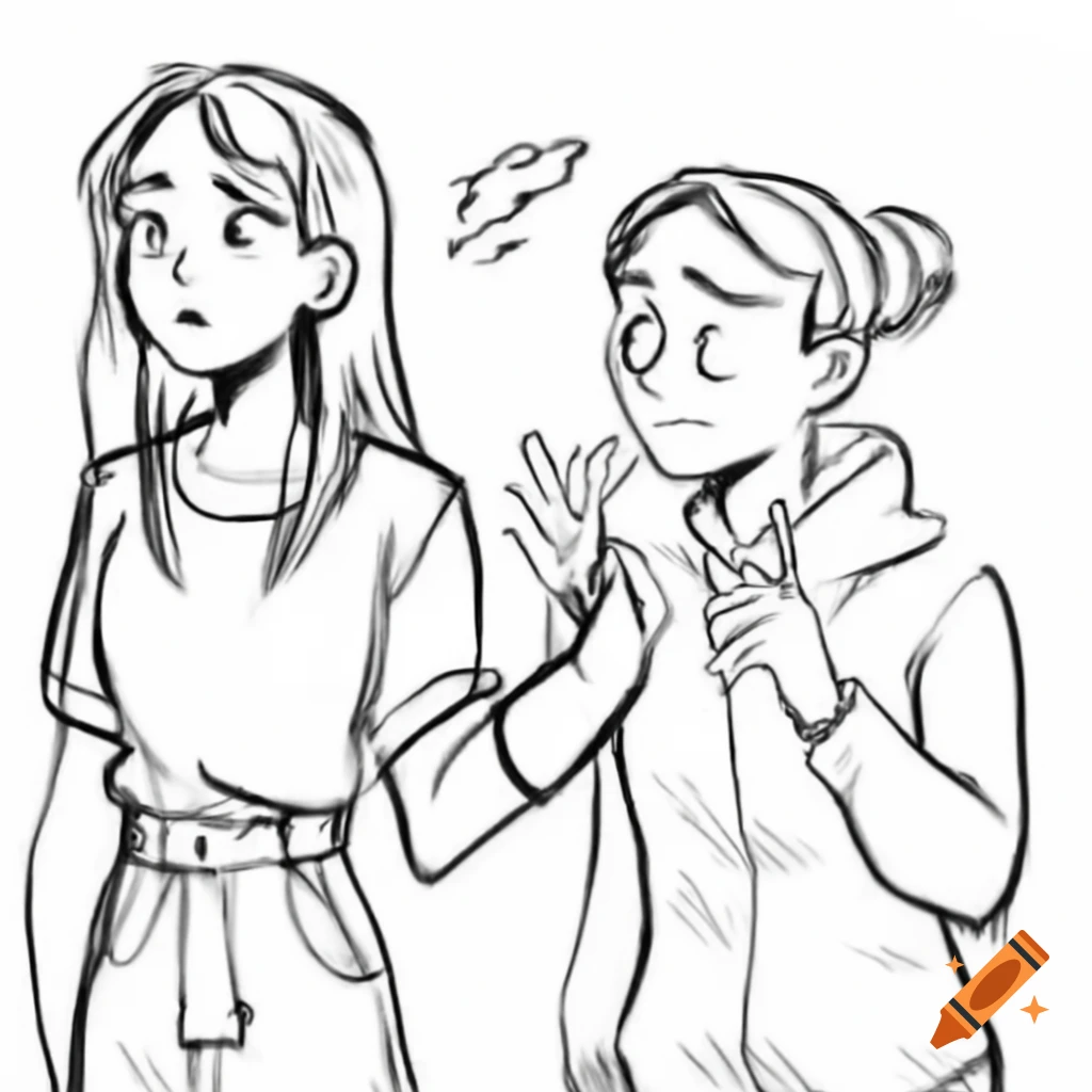 Black and white sketch of two women in a confrontational scene