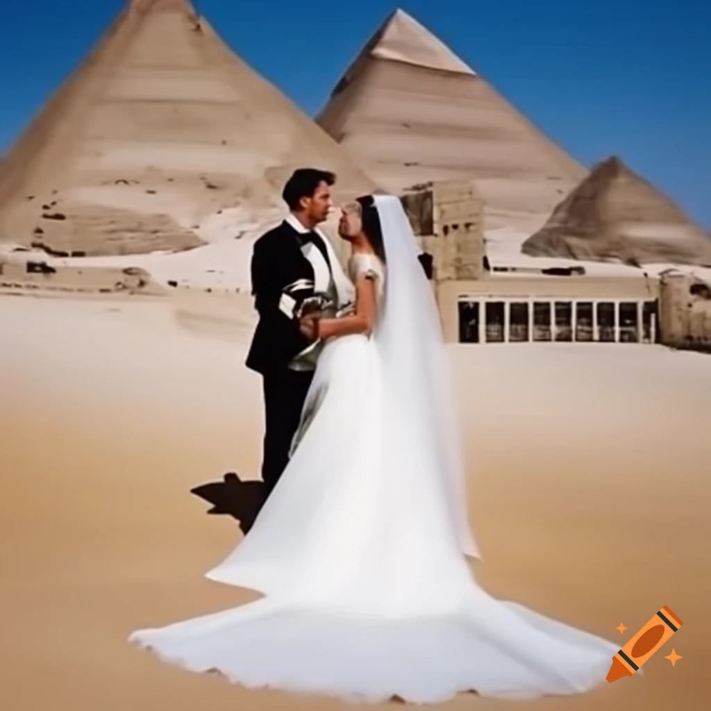 Egyptian bride and British groom exchanging vows in scenic Egyptian backdrop
