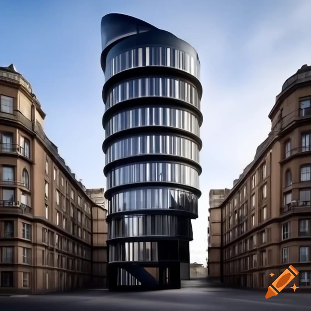 Cylindrical-shaped house with unique curves and glazing surrounded by classic apartments