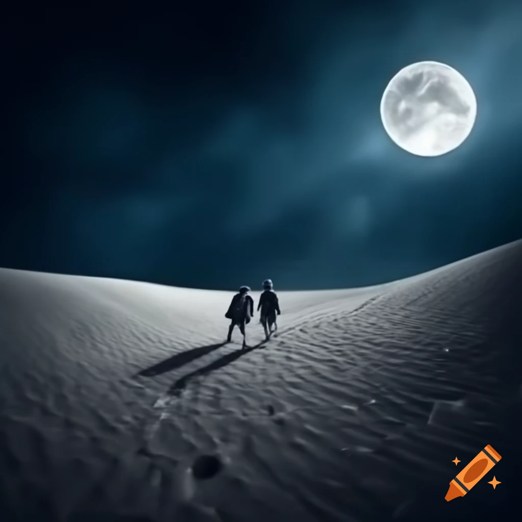Two individuals walking on the moon's surface