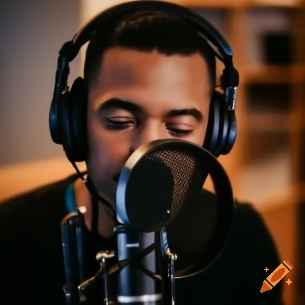Podcast host male speaking into microphone