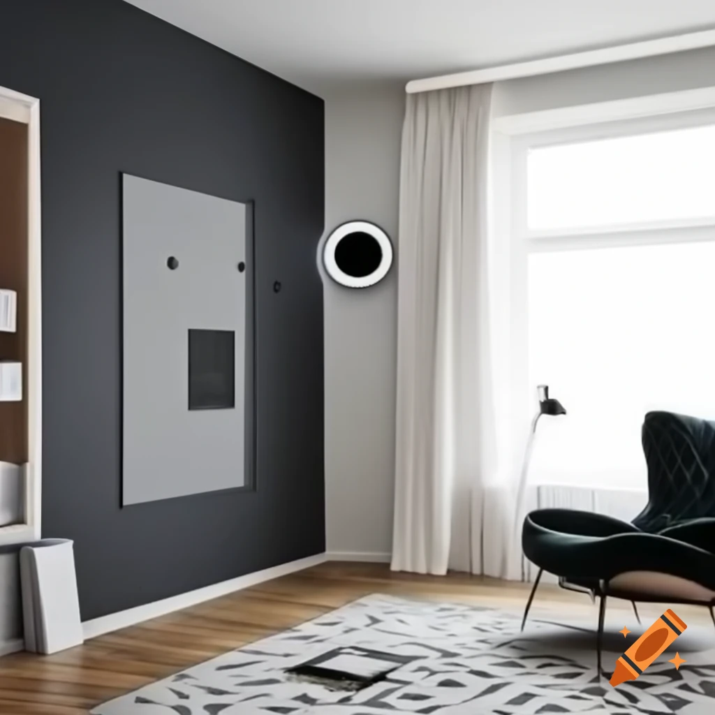 Modern apartment interior featuring a functional magnetic wall in dark color