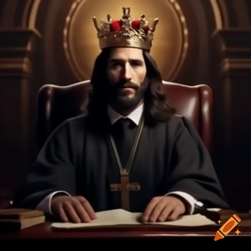 Jesus Christ in a judge's attire at a judge desk on Craiyon