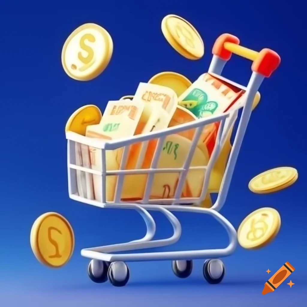 Shopping cart filled with cryptocurrencies on Craiyon
