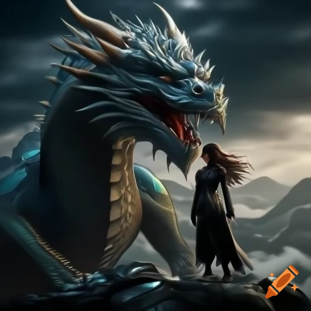 Realistic iridescent Japanese dragon on stormy mountain with woman in ...
