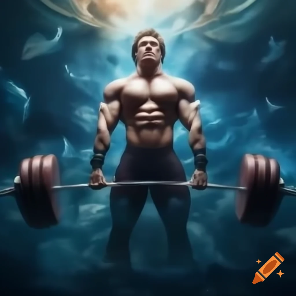 Motivational poster blending powerlifting strength with dreamlike setting