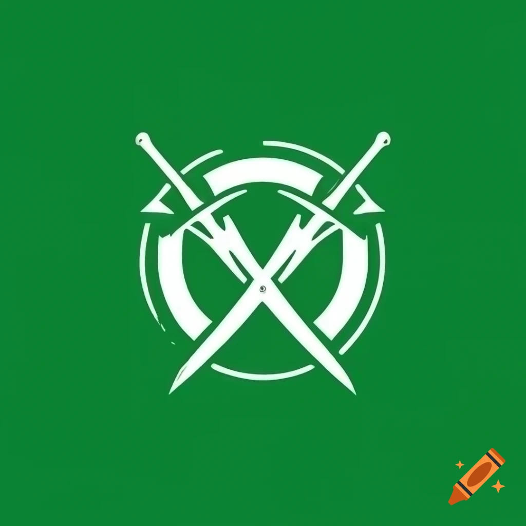 Black and white sword clashing logo in a circle on green background
