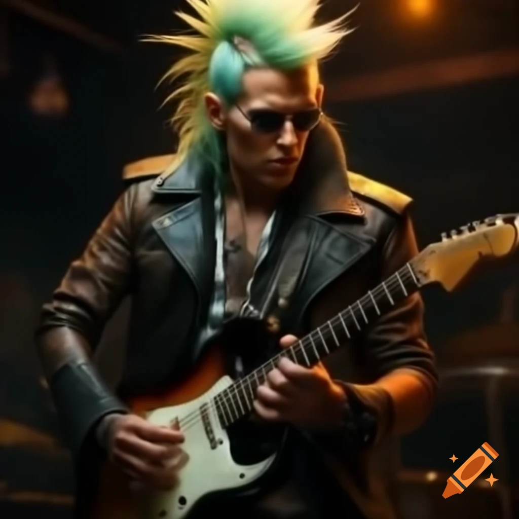 Punk rocker with mohawk and leather jacket playing guitar on Craiyon