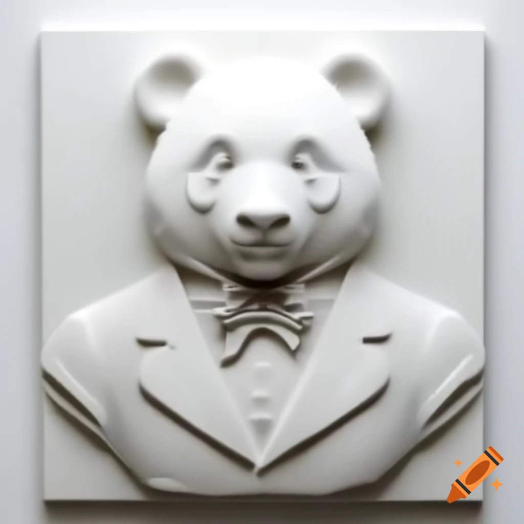 Dapper panda bas-relief in suit and cravat on soft blurred background