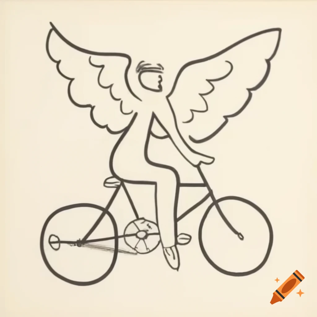 Line drawing of angel riding bicycle in the style of Picasso