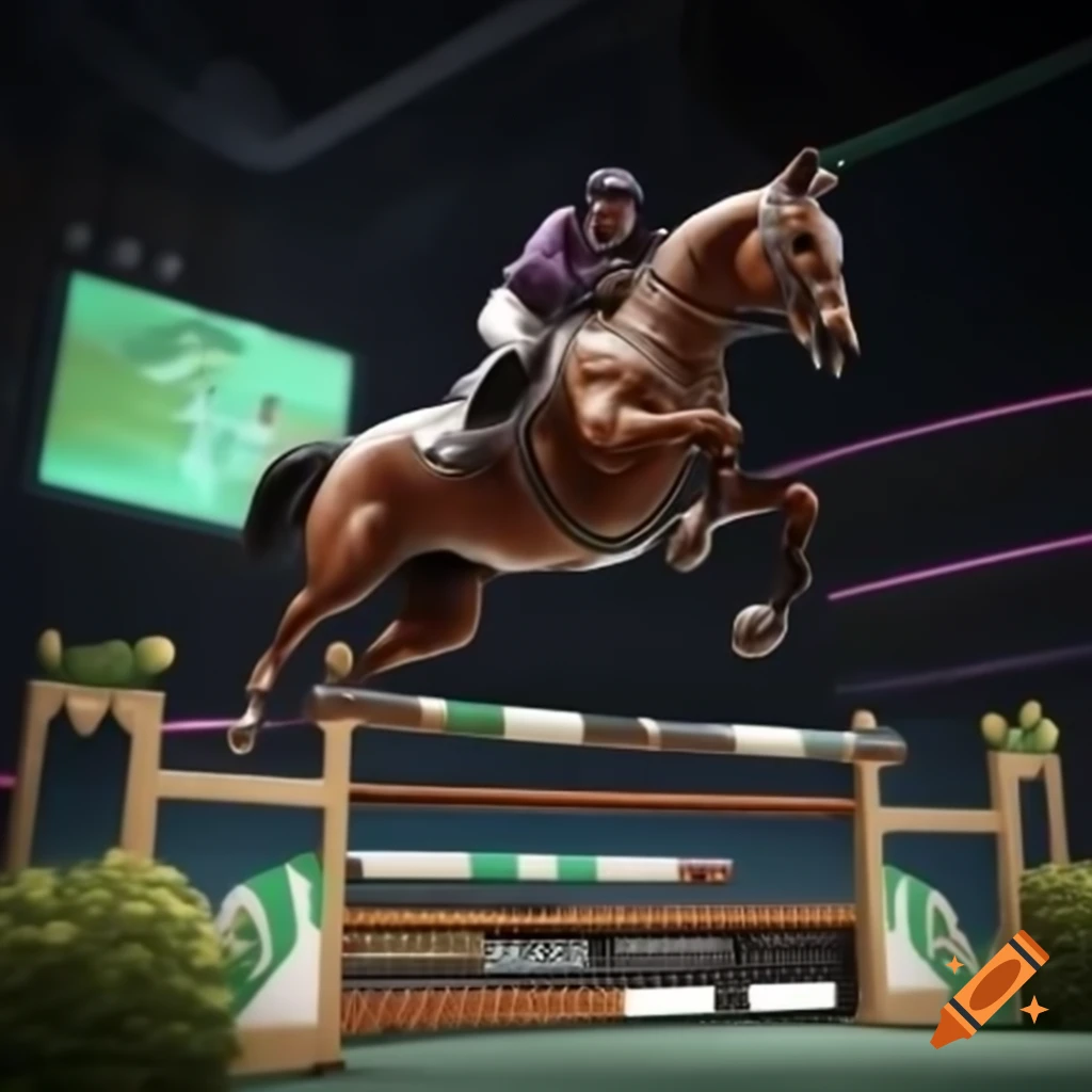 Rider and horse mid-jump over show-jumping obstacle in green arena