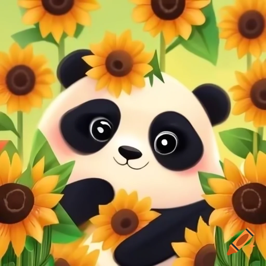 Cute panda holding three sunflowers, ready to give to someone