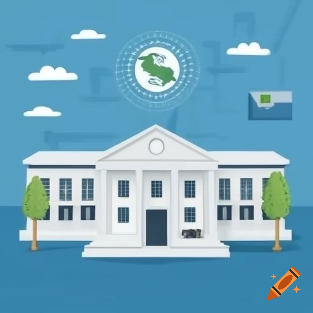 Interior illustration of government building with 'bank' signage on top