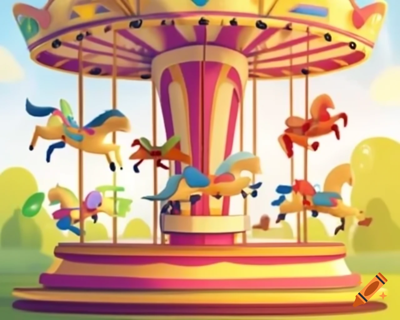 Whimsical carousel with alphabet letter-shaped horses and laughing ...