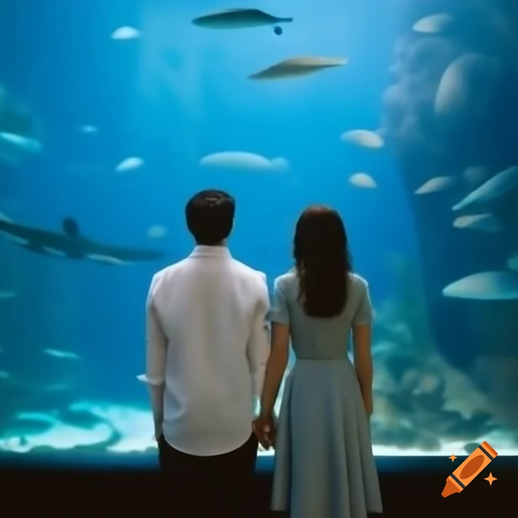 Man in white shirt and woman in sky blue dress observing aquarium