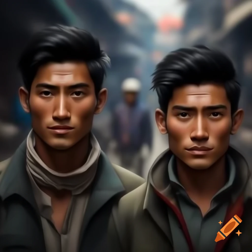 Digital illustration of a young Nepali man with sharp features from mountain village to city laborer