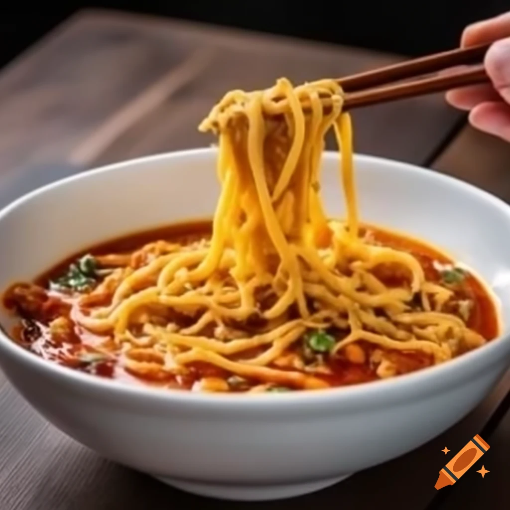 Butter cheese hot chicken instant noodles in a garnished white bowl