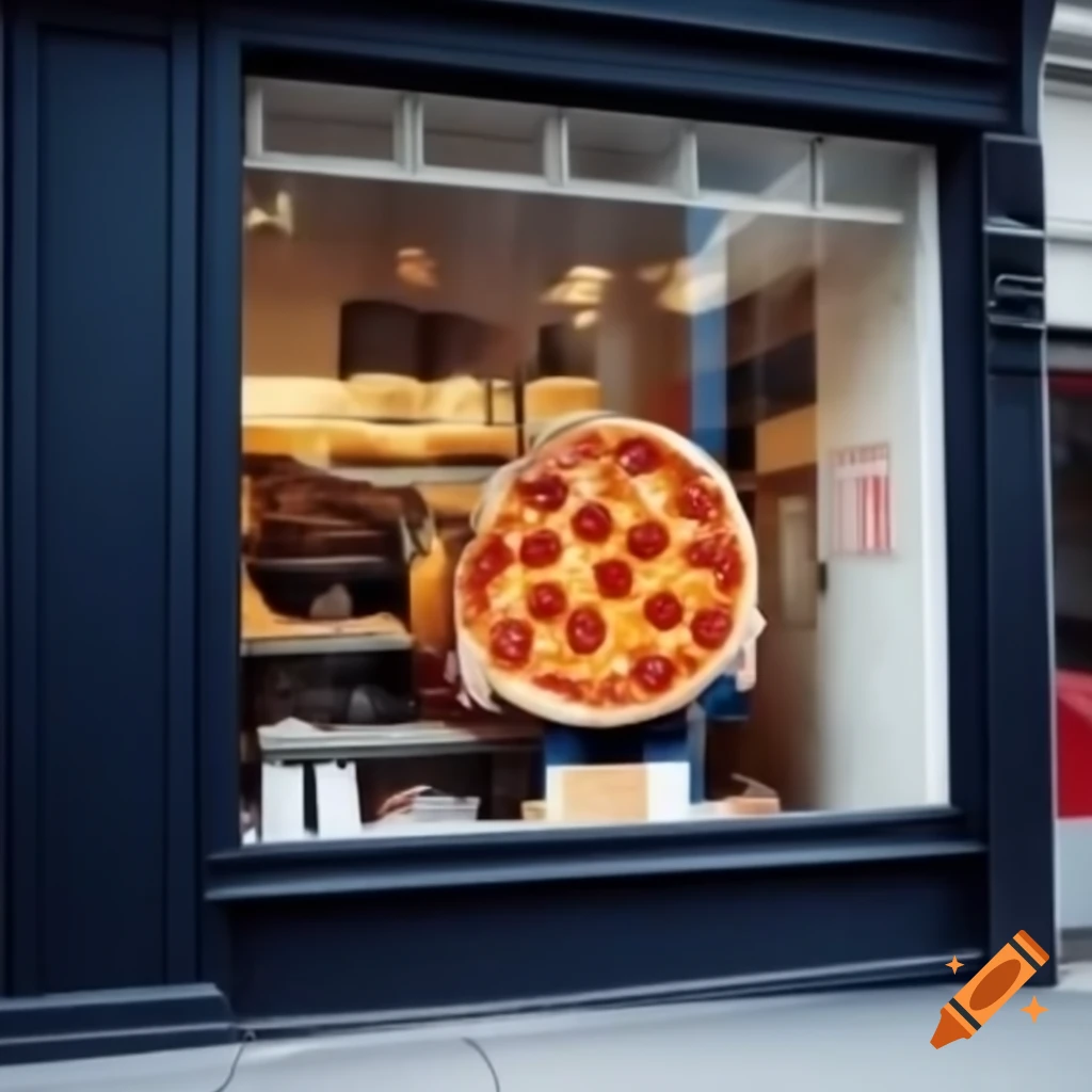 Shopfront featuring pizza in the window