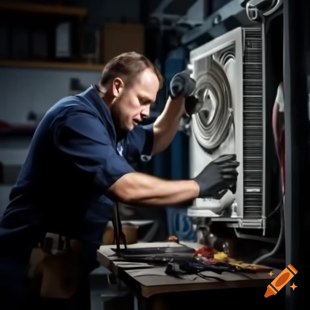 Mechanic repairing air conditioner with focus on internal components