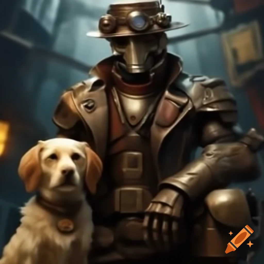 Steampunk robot ranger accompanied by a pet dog on Craiyon