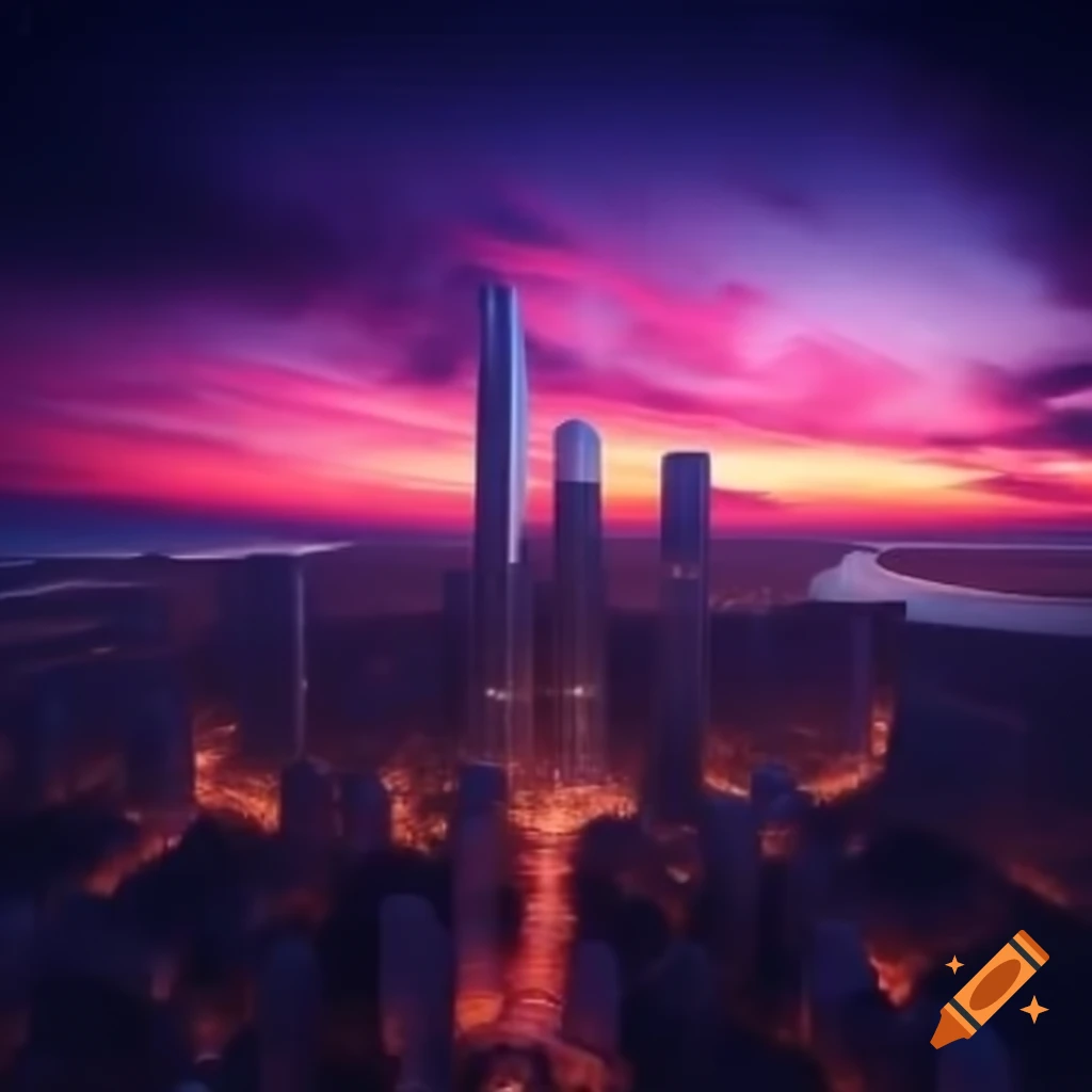 Futuristic city with glass skyscrapers under purple sunset, flying cars ...