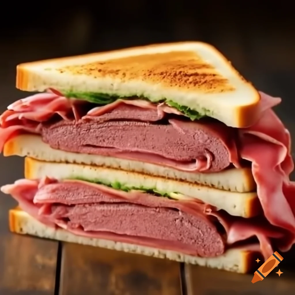 Sandwich with smoked meat and dijon on rye bread, cut in half