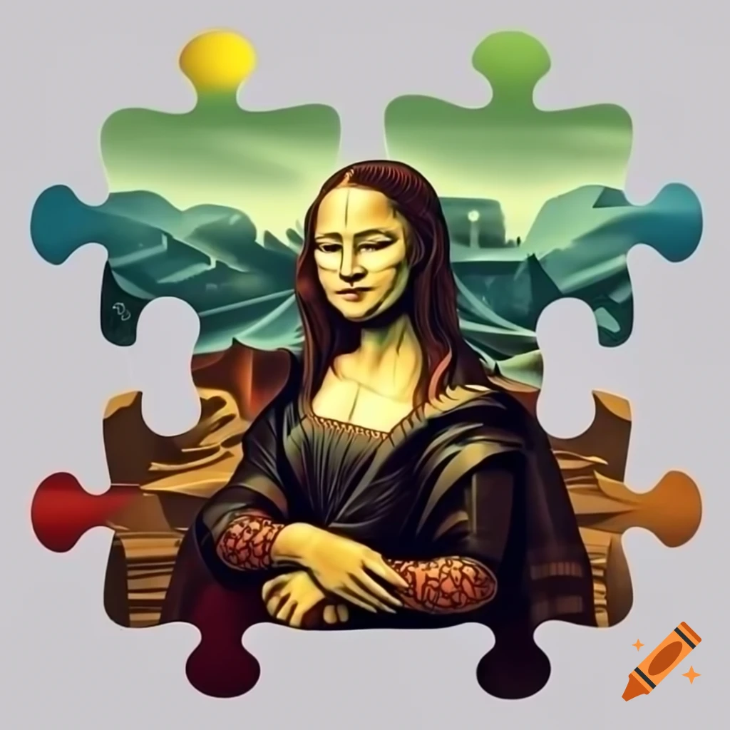 Mona Lisa reimagined as a jigsaw puzzle in blue, yellow, red, and green