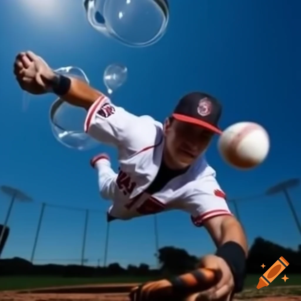 Baseball player diving for fly ball with bubbles trailing, realistic style