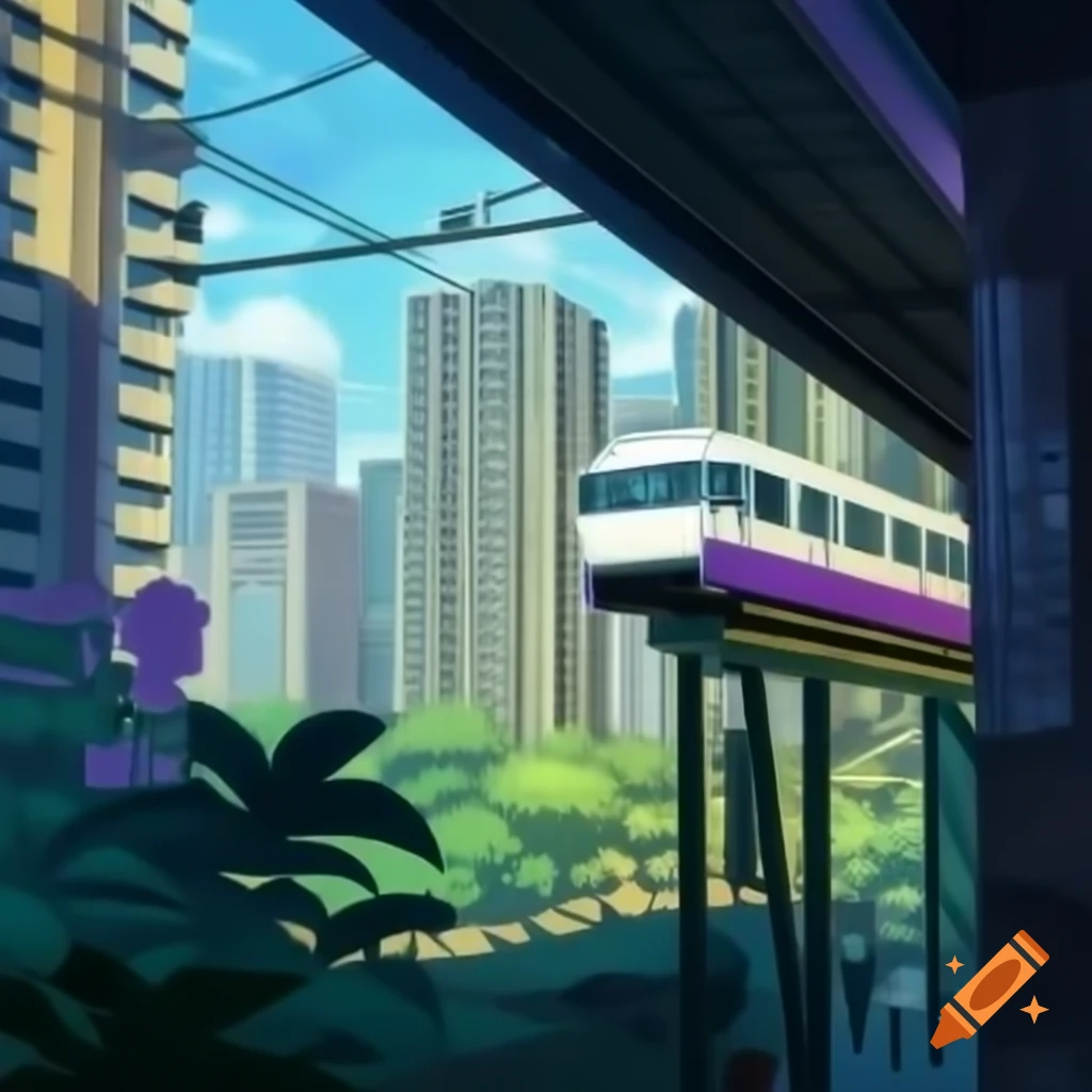 Art Deco city with turquoise and purple buildings and monkeys on powerlines