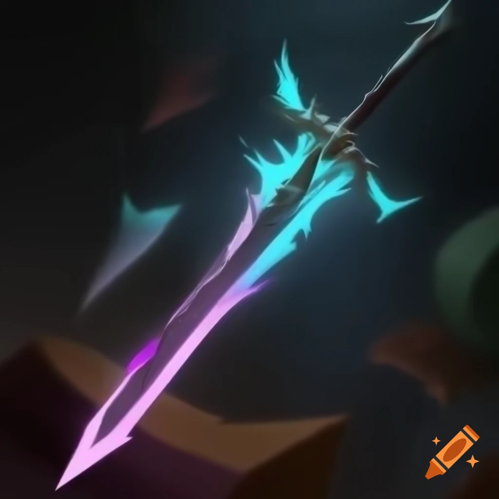 Fantasy longsword glowing in a shadowy realm on Craiyon