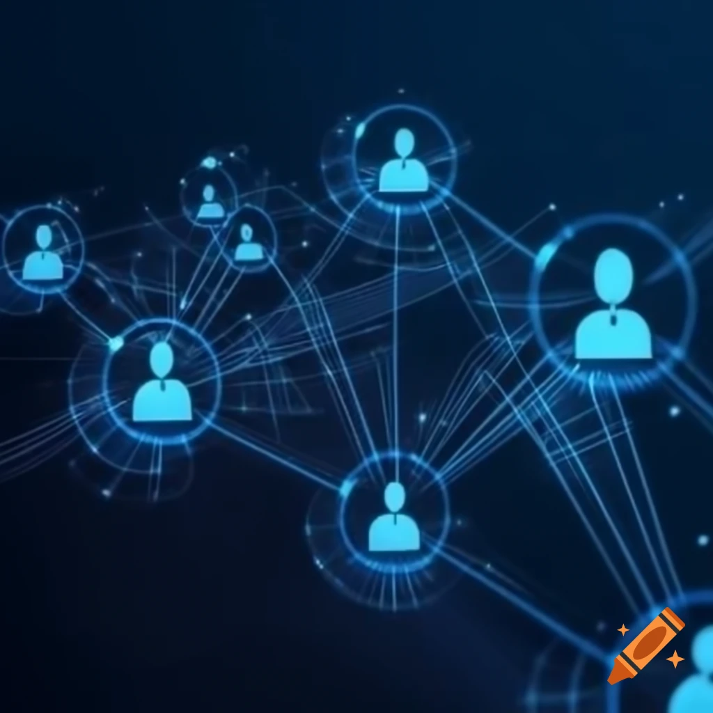 Futuristic networking design with people and glowing lines on dark blue background