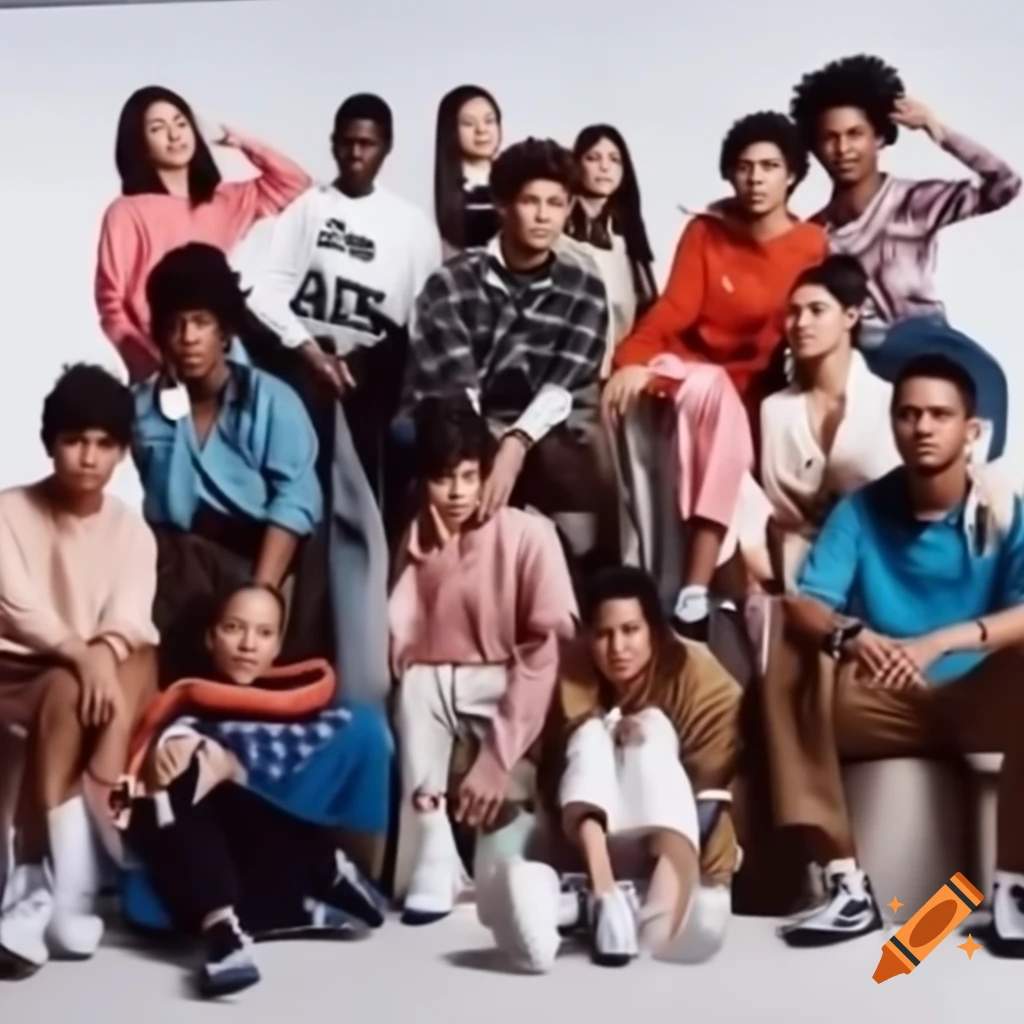 Colorful group photo of Generation Z in designer clothes and sneakers ...