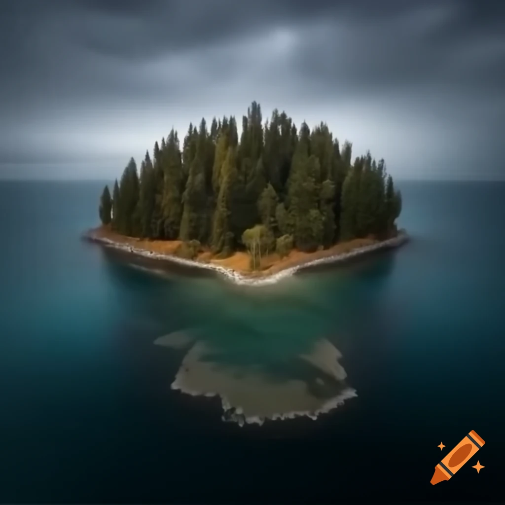 Abandoned island covered in evergreen trees at night
