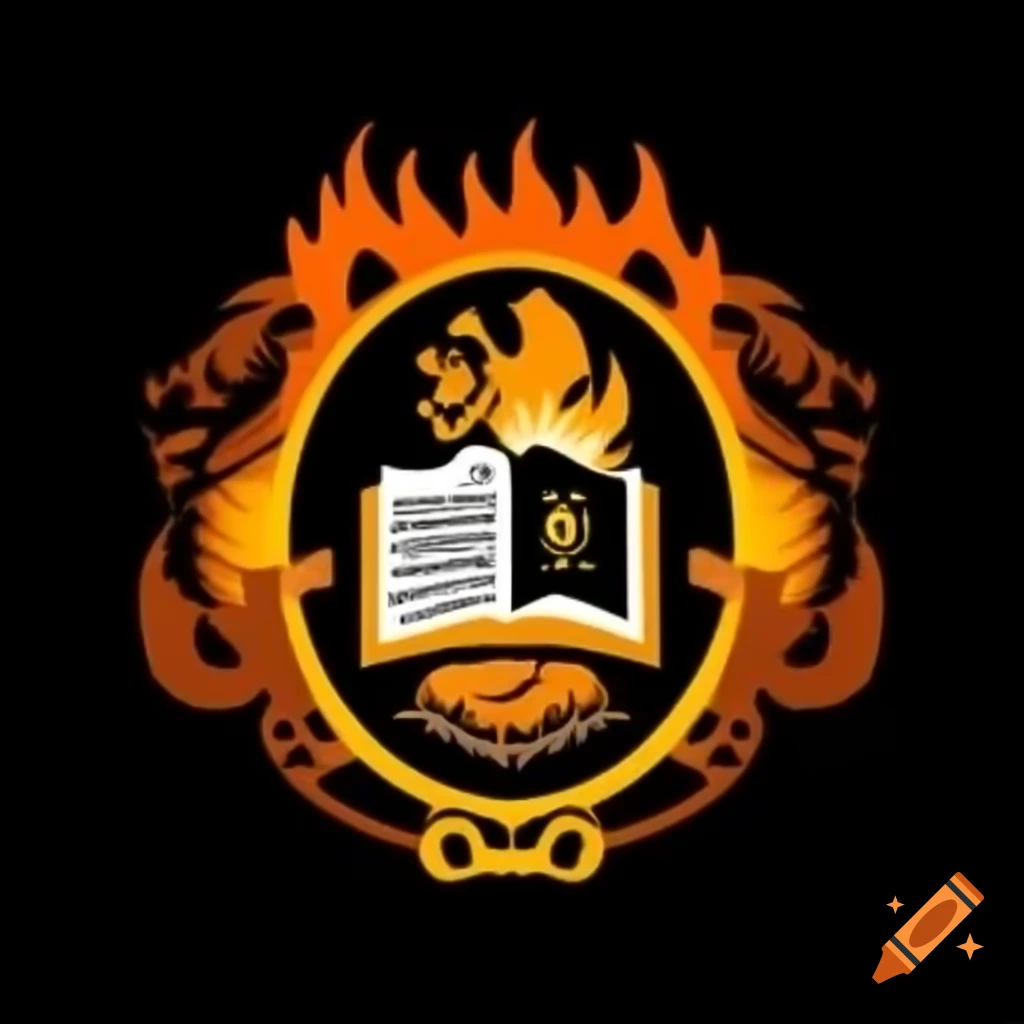 School logo featuring a lion, fire, and an academic book