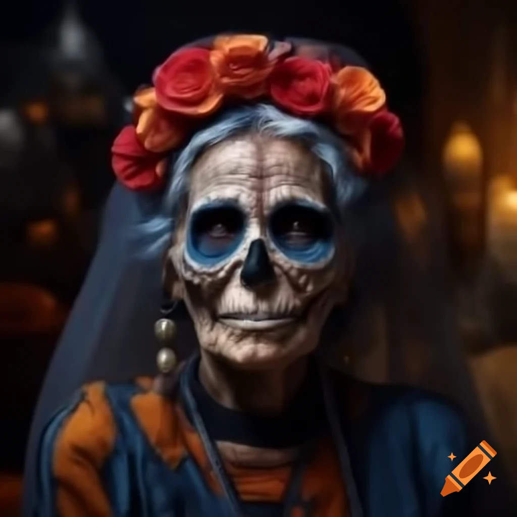 Old woman celebrating Dia de los Muertos with traditional decoration