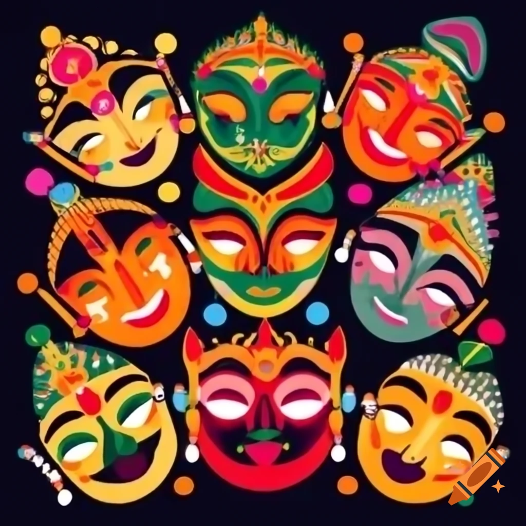 Festive celebration masks representing Indian cultures with elaborate designs