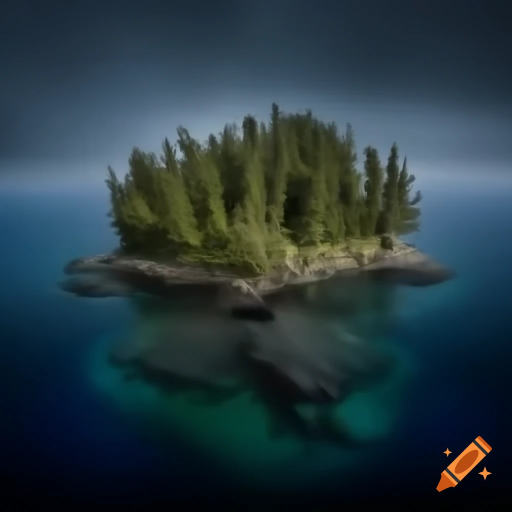 Small abandoned island covered in evergreen trees at night