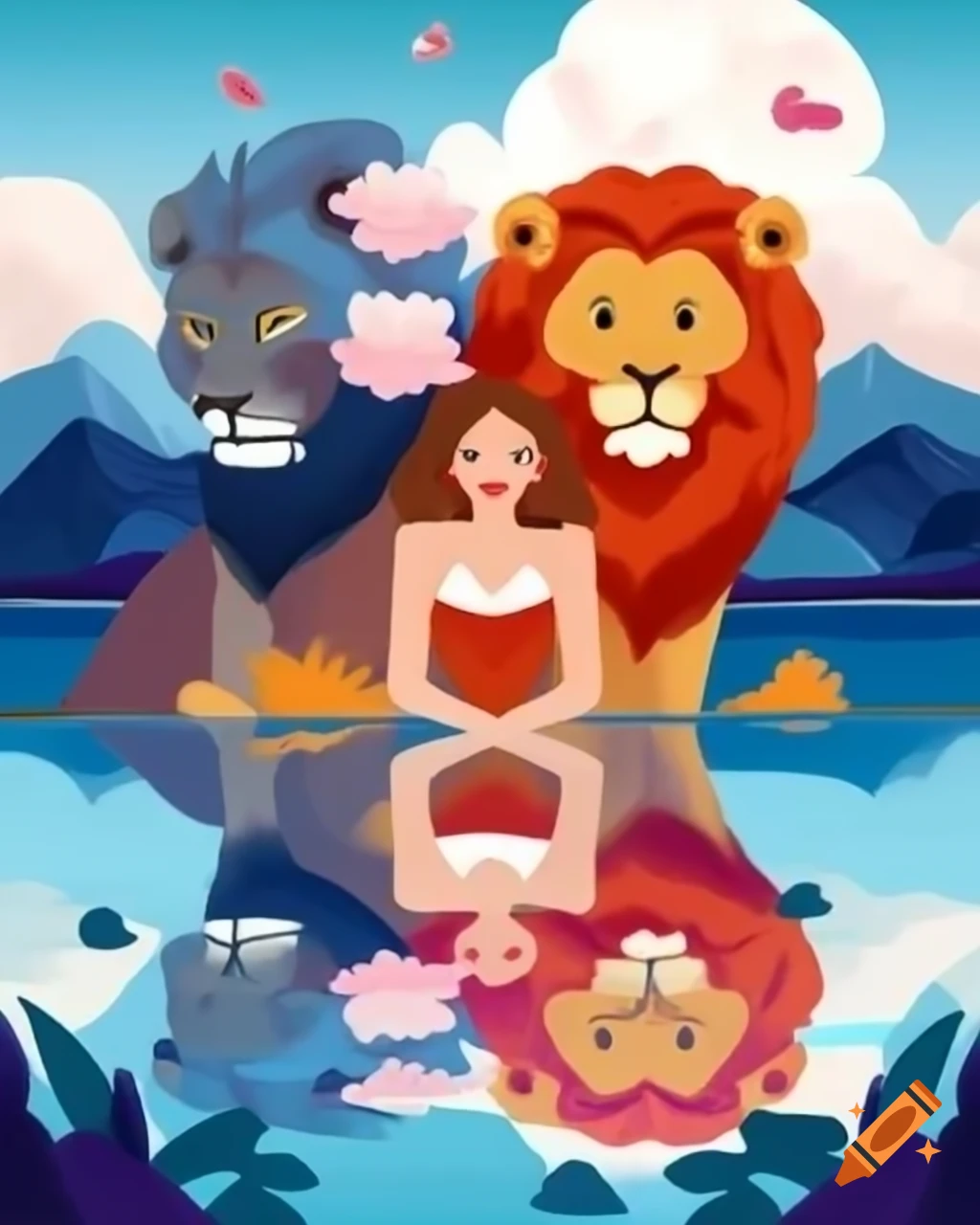 Girl standing by lake, reflection merging with lion in a mystical scene ...