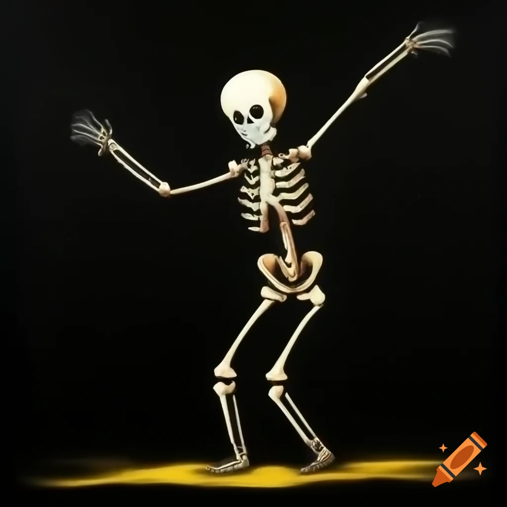 Avant-garde painting of a skeleton dancing on a dark background
