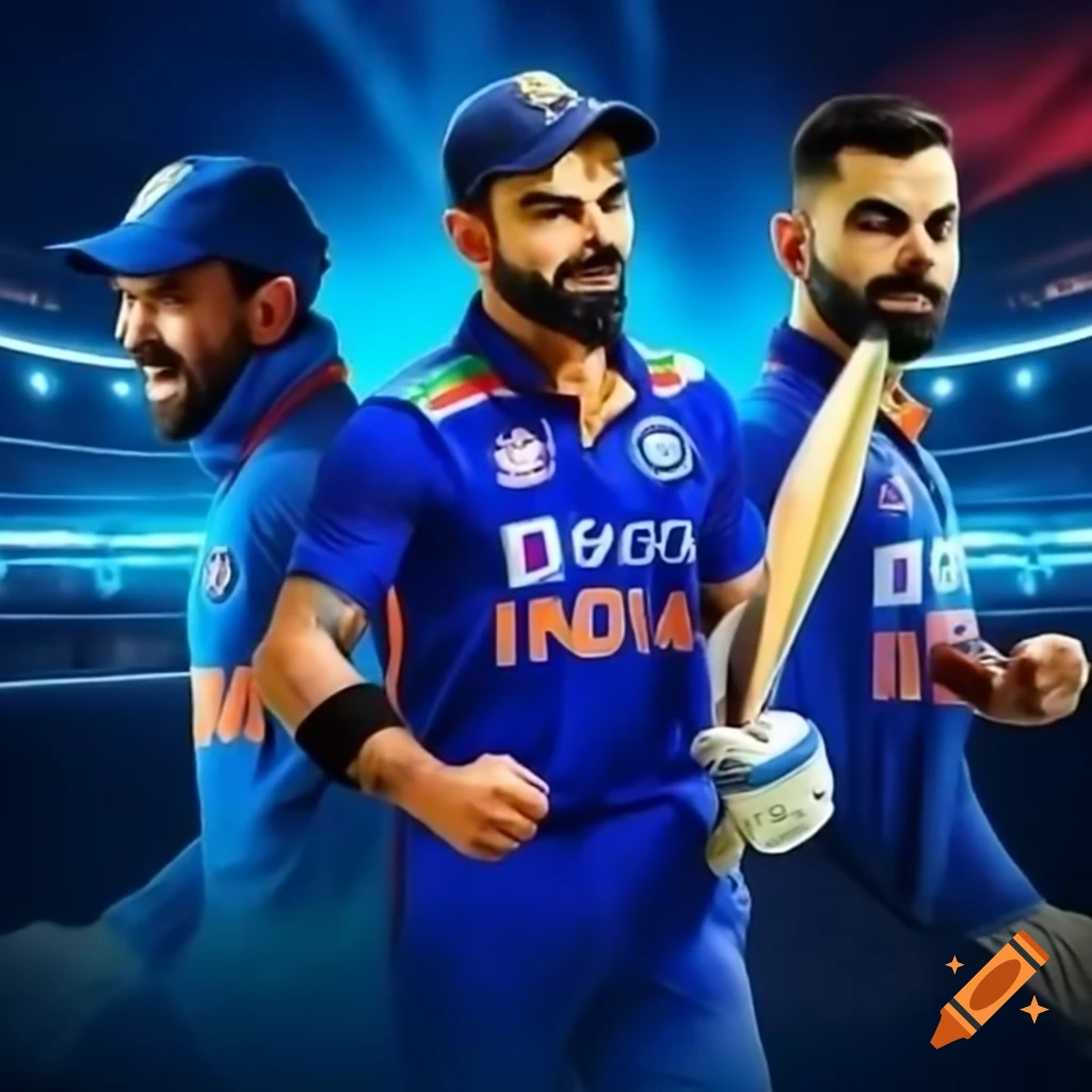 Virat Kohli in Indian cricket team jersey striking two confident poses