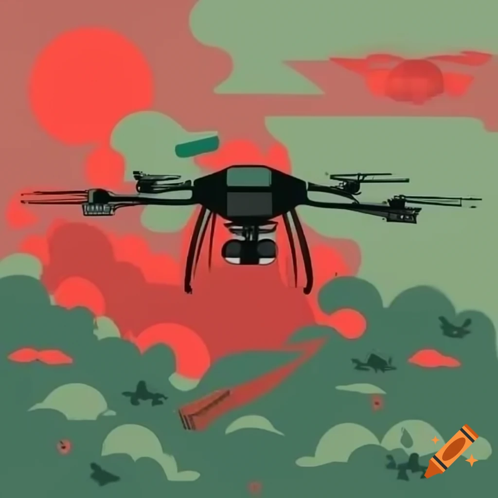 Drones overlooking military battle with red, black, and green colors