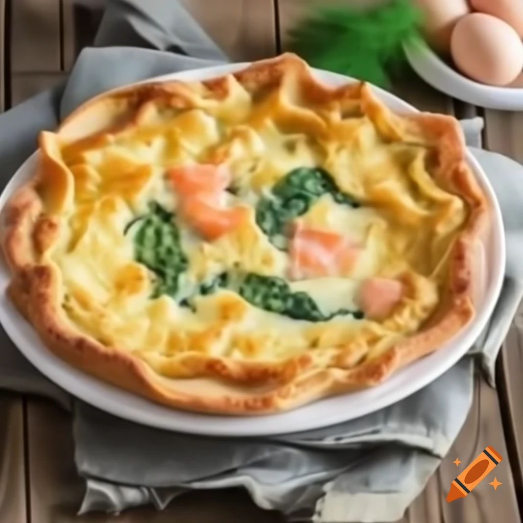 Healthy spinach and salmon tart on rustic wooden table