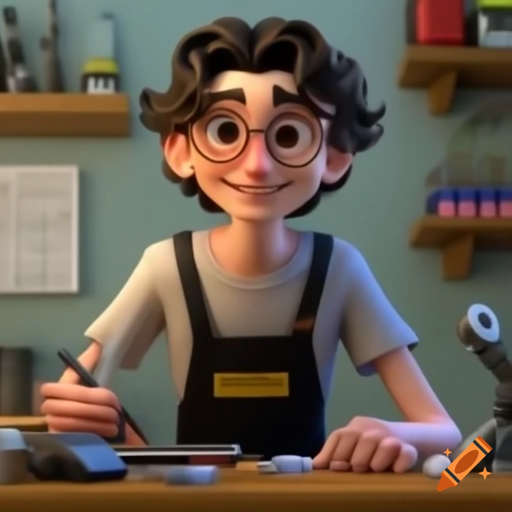 Phone repair technician in service center wearing gray T-shirt and black apron
