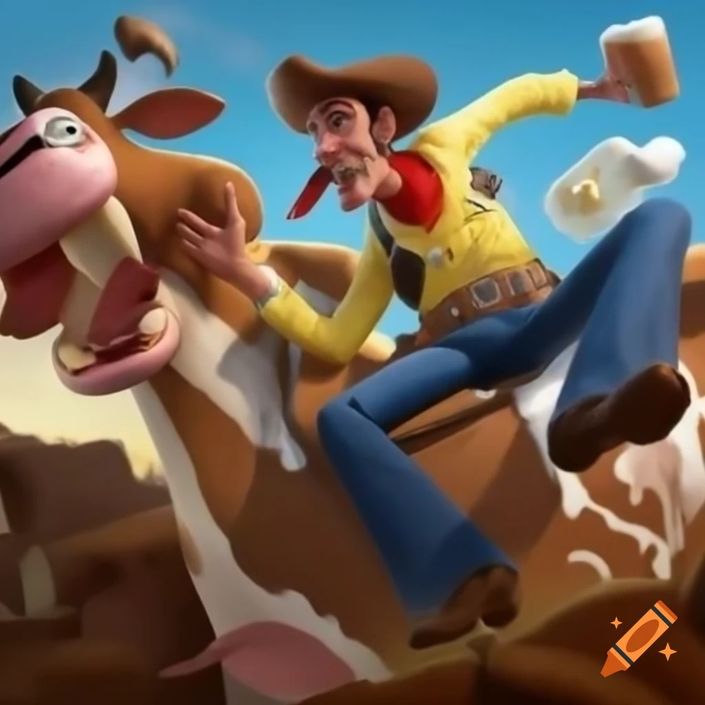 Cowboy riding dairy cow while shouting, another cowboy milking the cow ...