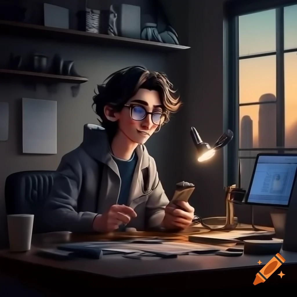 Phone repair technician in service center, full-body view, young man with wavy hair and glasses